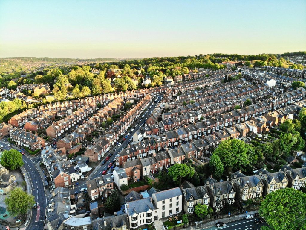 Aerial view of terraced housing and streets in Sheffield, England