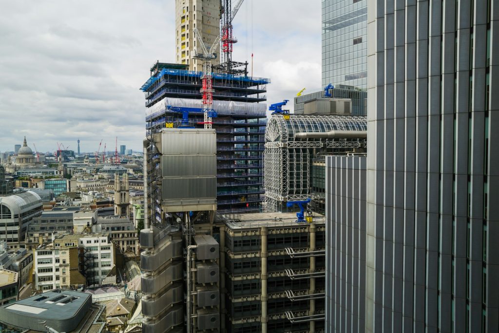 High-rise construction and cranes seen from above in central London